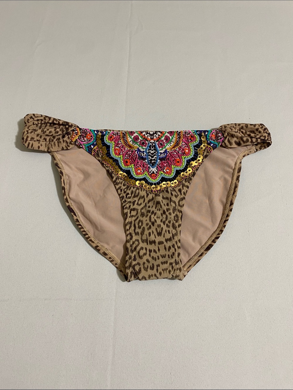 PILYQ Raj Embroidered Fanned Full Bikini Bottom w Ruched Back Size S